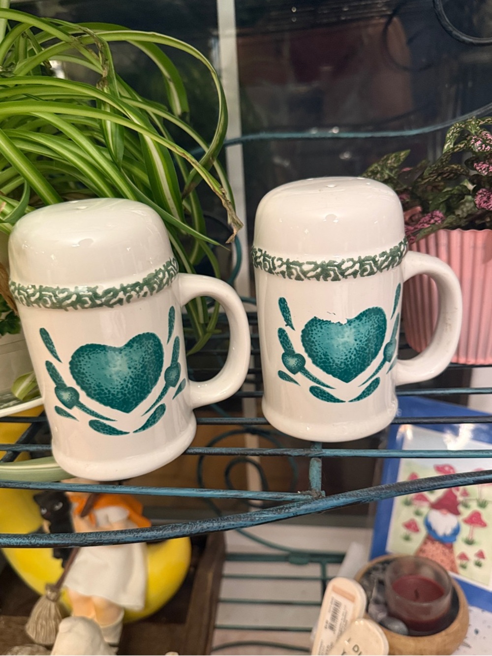 White Ceramic Salt and Pepper Shakers with Green Heart Motif - Set of 2
